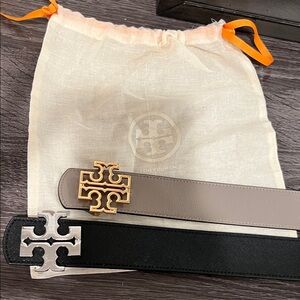 2 Tory Burch Black and Brown Belts with Metallic Logo Buckles both reversible